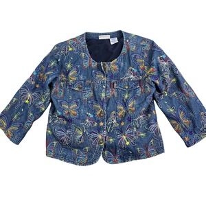 Vintage Y2K Blair Butterfly Embroidered Denim Jacket Womens Medium Blue Boho